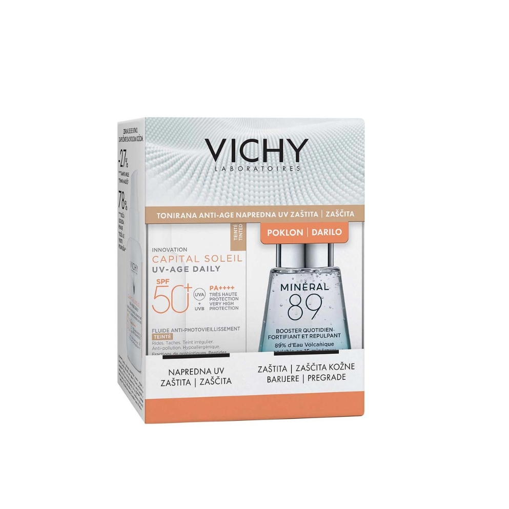 Capital Soleil UV-Age Daily tonirani vodeni fluid protiv znakova fotostarenja SPF50+ 40 ml + poklon Mineral 89 dnevni booster za snažniju i puniju kožu 30 ml